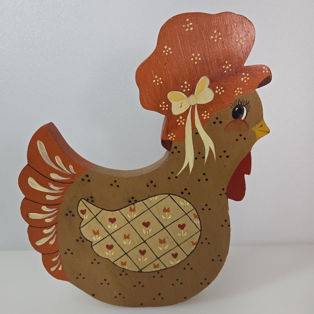 VTG Hand Painted Wood Chicken Door Stop Shelf Sitter Folk Art Hen Decor Cottage